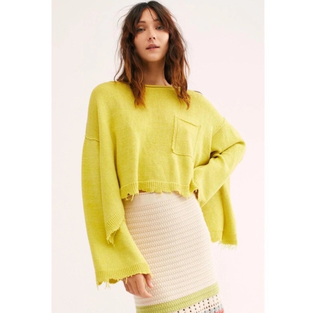 NWT Free People Prism Cropped Sweater Lemon Zest Distressed Medium